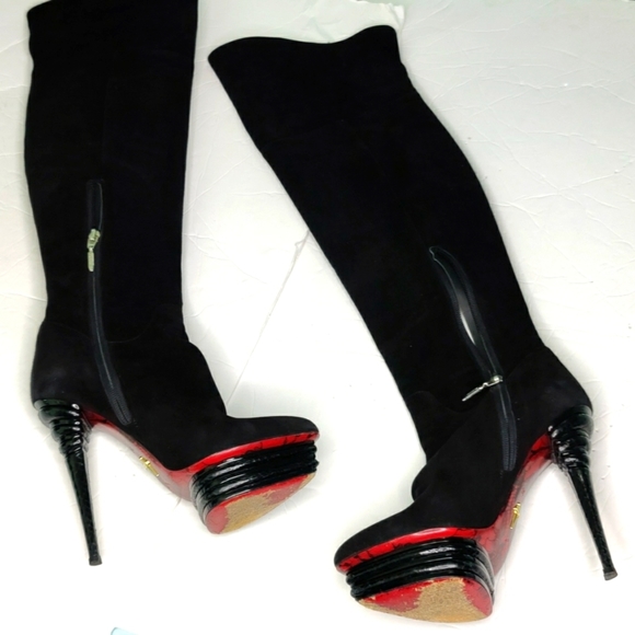 Black Suede Platform Over the knee Boots - Picture 5 of 12